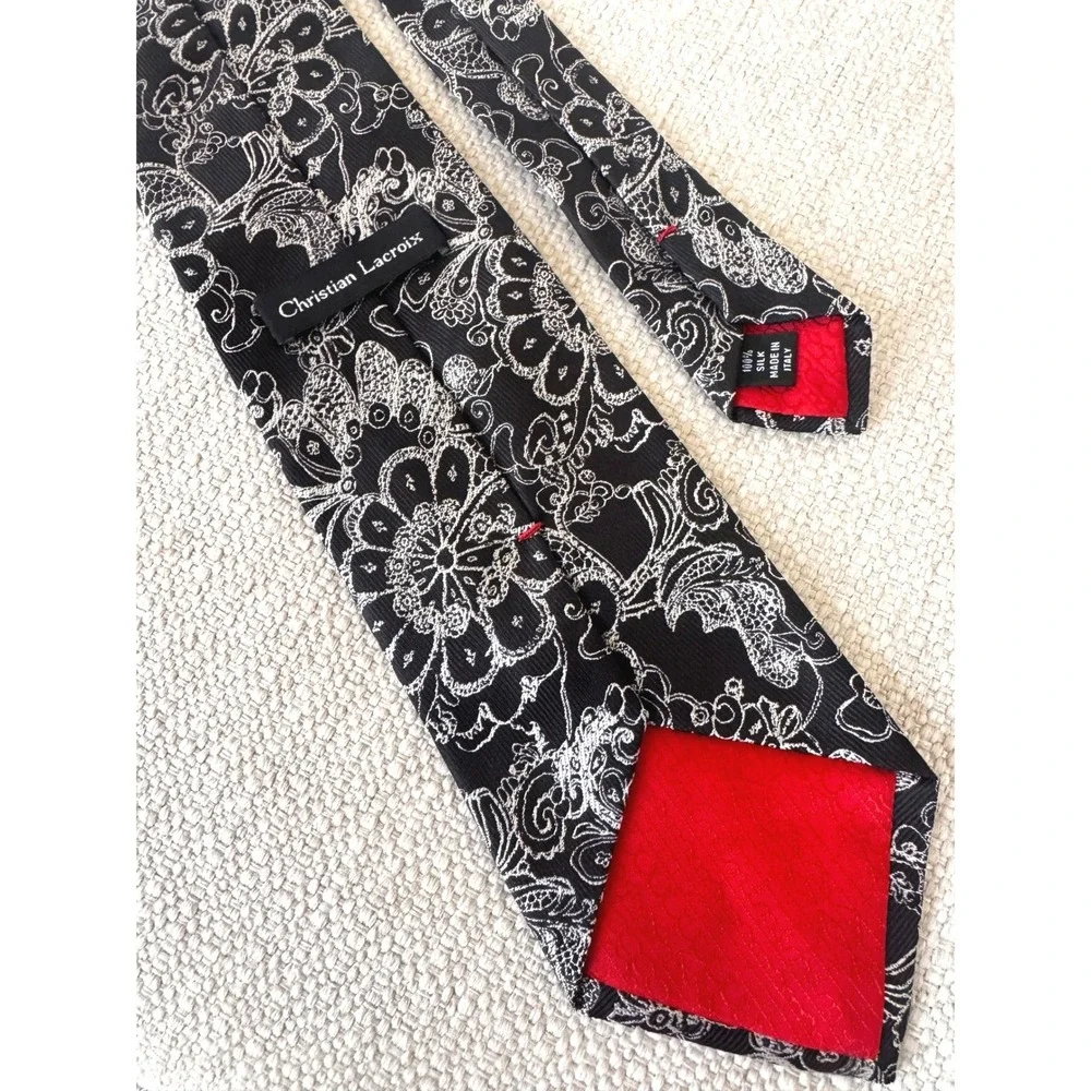 Christian Lacroix Mens Silk Tie Black White Floral Pattern Made in ITALY